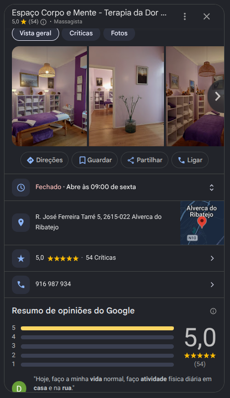 Perfil completo do Espaço Corpo e Mente no Google Maps com avaliações e contactos