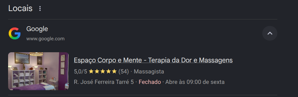 Perfil do Espaço Corpo e Mente nos resultados de pesquisa local do Google